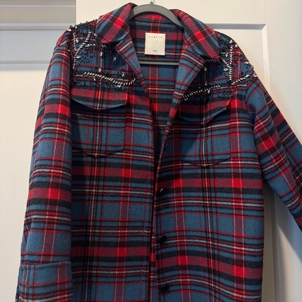 SANDRO | Mar Embellished Flannel Wool Jacket - Plaid - Size 4